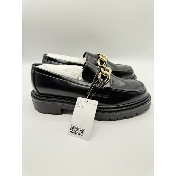 H&M Loafers Womens 9 Black Leather Gold Chain Lug Soles Chunky Platform Boho - Picture 3 of 4